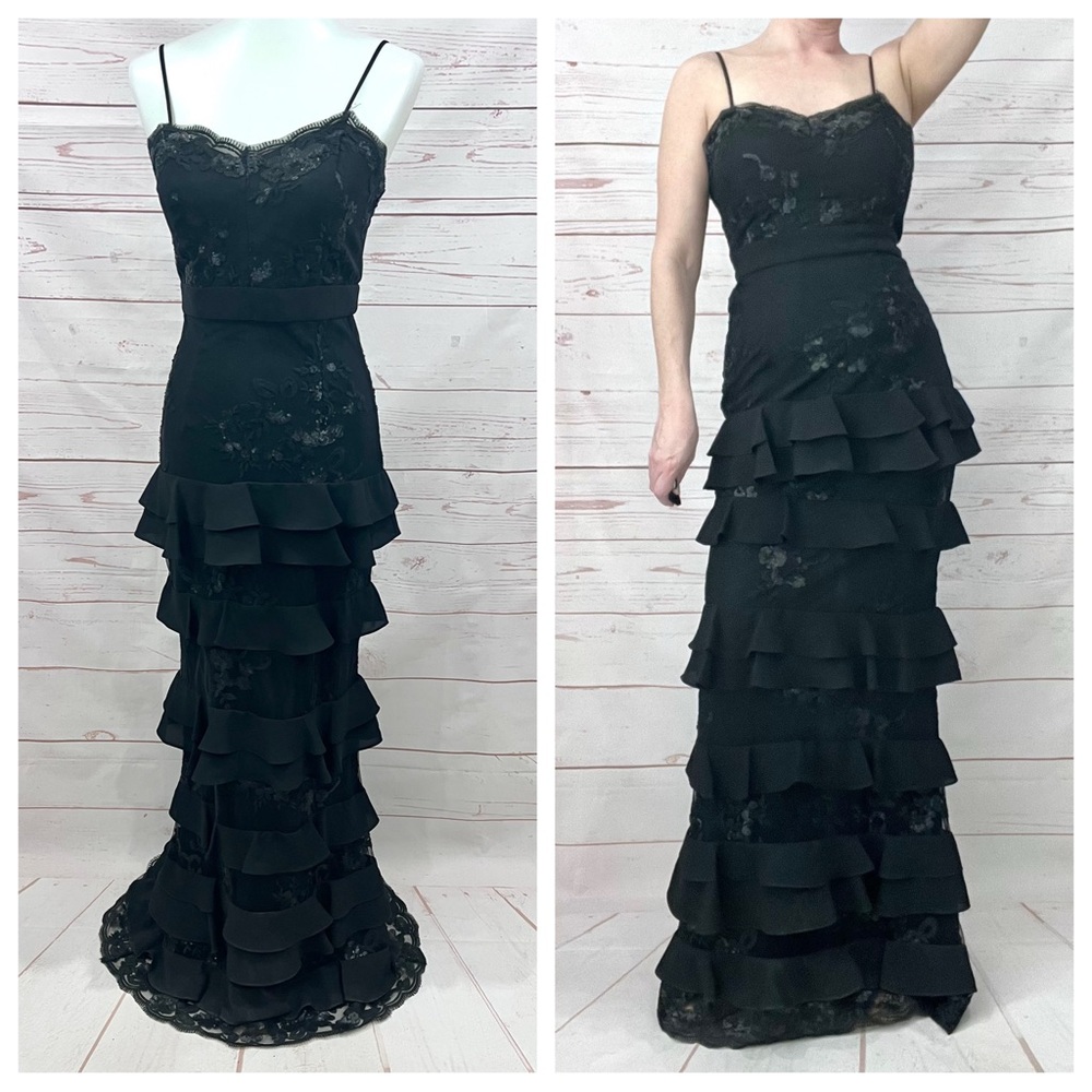 Laundry Shelli Segal Tiered Lace Sequin Cocktail Maxi Prom Dress Evening Gown